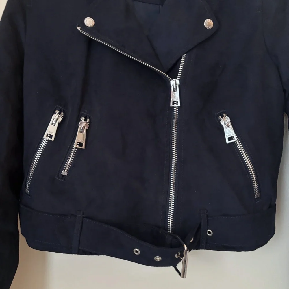Levi's Cropped Faux Suede Moto Zip Jacket Medium Navy NEW NWT - Picture 4 of 11